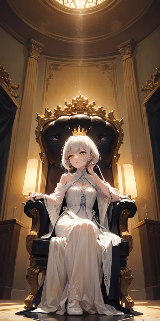 (Masterpiece:1.2), best quality, (illustration:1.2), (ultra-detailed), hyper details, (delicate detailed), (intricate details), (cinematic light, best quality Backlights), clear line, from below, soloist, perfect body, (1girl), white hair and yellow eyes, (emperor, black see-through clothes), (crown: 1.1), sitting on the throne, eyes slightly closed, head down, (shy: 1.2 ), (makeup), high contrast, (best illumination, an extremely create and beautiful), (cinematic light), colorful,