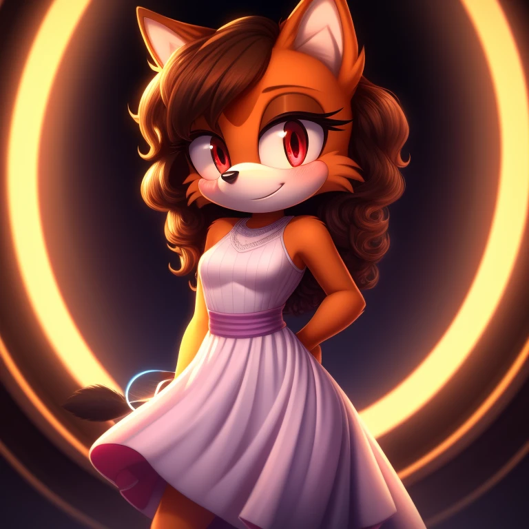 mobian, solo, hedgehog, two-tone fur ((orange fur, brown fur)), elegant slim knitted long dress, high-top sneakers, small breasts, two-tone hair (brown hair, black tip)), curly hair, halo, sunglasses, jewelry, red eyes, longeyelashes, red eyes, smile, shy, blush, pose, high detail, masterpiece, UHD, anatomically correct, super detail, highres, 4K