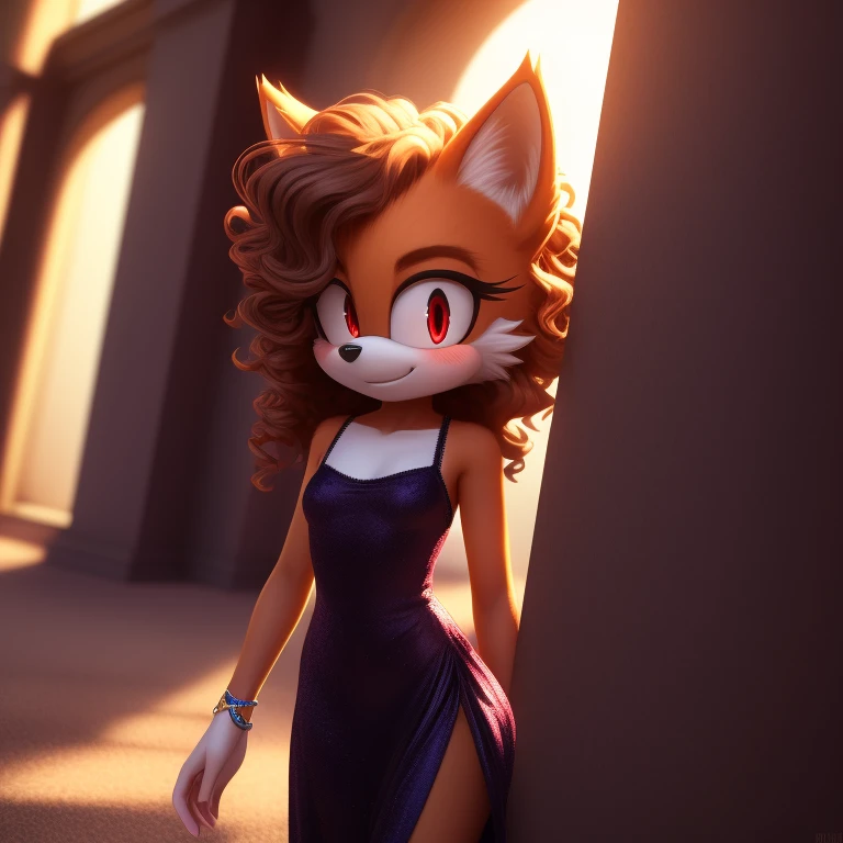 mobian, solo, hedgehog, two-tone fur ((orange fur, brown fur)), elegant slim knitted long dress, high-top sneakers, small breasts, two-tone hair (brown hair, black tip)), curly hair, halo, sunglasses, jewelry, red eyes, longeyelashes, red eyes, smile, shy, blush, pose, high detail, masterpiece, UHD, anatomically correct, super detail, highres, 4K