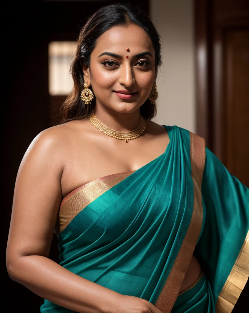 Foto RAW, photorealistic, photography, full body shot, 50 years old Woman, master shot, perfect eyes, goddess like beauty, pierced eyes, perfect thick chubby mallu Desi aunty bhabhi, Wearing a Stanapatta, a chest-band.Saree model, model Photography, Indian saree shoot, Indian traditional wear advertising photography, traditional wear brand shoot, face of Indian actress Sonakshi Sinha, masterpiece, realistic, realism, incredible details, pleasure, photorealism, detailed skin, skin pores, high contrast, photorealistic Artstation 8k HD digital art trend of high definition and detailed realistic skin texture, ultra detail, realistic skin texture, armature, best quality, ultra high definition, (photorealistic:1.4),, high resolution, detail, raw photo, sweat, Re sharp, by Lee Jefferies Nikon D850 Film Stock Photo 4 Kodak Portra 400 Camera F1.6 Lens Rich Color Ultra Real Realistic Realistic Textures Dramatic Lighting Unreal Engine Trending at Art Station Cinestill 800,(pele altamente detalhada: 1.2), 8k UHD, DSLR, soft-lighting, alta qualidade, grain of film, Fujifilm XT3,she didn't like to wear blouse or bra, she is happy to wear only saree, she hates blouse or bra, detailed hairy armpits, hyper realistic skin, skin pores, sweat, veins,