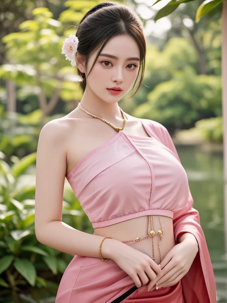 (ผู้หญิงlong hairชาวเอเชียตะวันออกเฉียงใต้ที่มีใบหน้ากลม,,very large breasts,,Chest measurement 36 inches.,)) Warm light, morning sun, long hair,black eyes,abdominal muscles, The body is beautiful and strong., thick hips, rounded chest, (digital painting, HDR, high contrast), 3d, 8K, 45,000,000 pixcls,Asian girl, Gorgeous Chinese model, jaw-dropping beauty, Attractive, sexy, seductive face and body, A woman in a red dress and gold jewelry poses for a photo., traditional beauty, Sukhothai dress, Southeast Asia that has existed for a long time, traditional chinese, traditional, beautiful oriental woman, traditional tai costume, asian woman, Dilraba Dilmurat, Chinese style, Niwan Chandra, wear red dress, Wear luxurious jewelry., Inspired by Tang Di