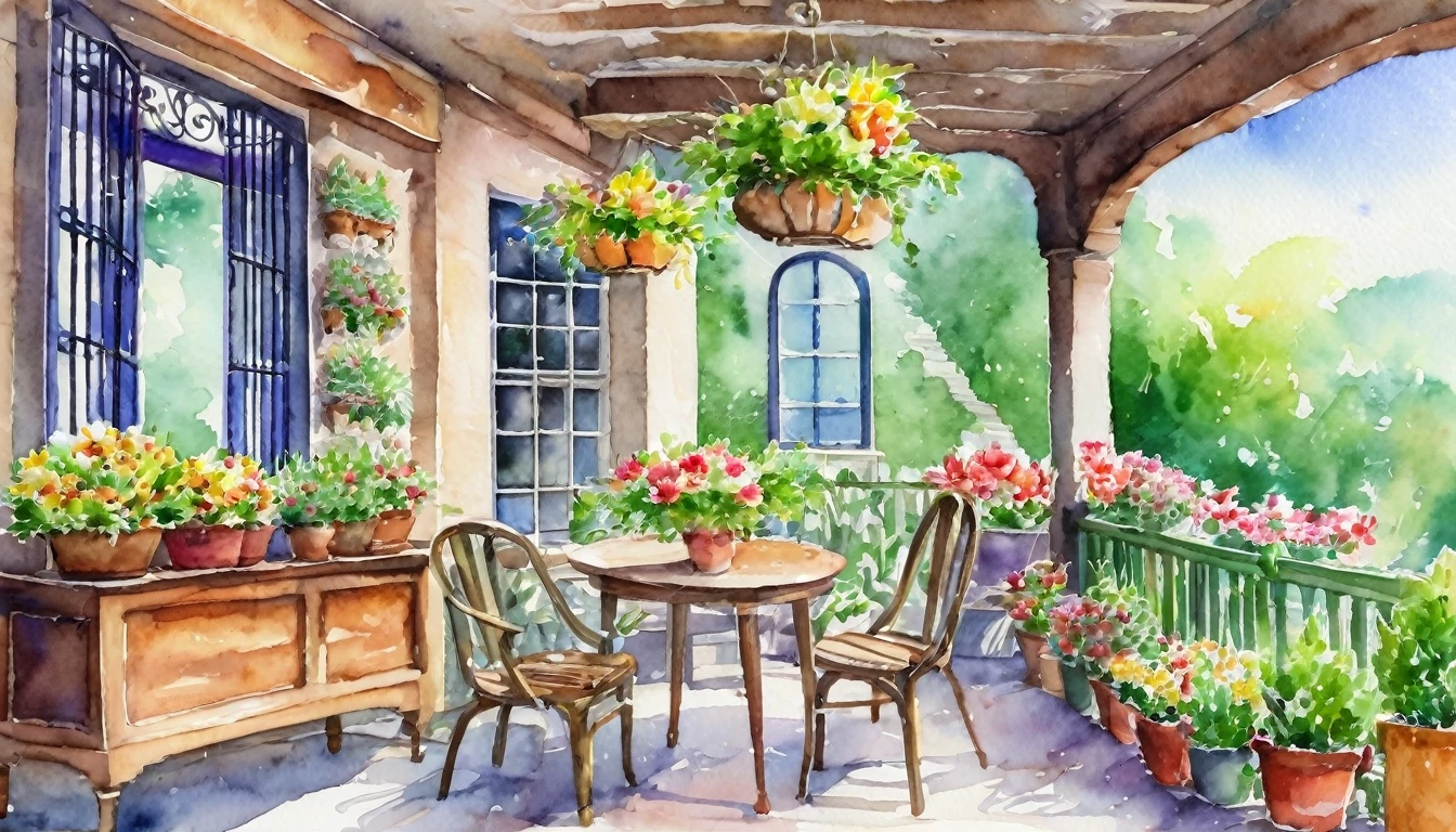 flower shop,coffee spot,table,Chair,nobody,Windows,Flowers,plant,potted plant,watercolor (Moderate),landscape,gate,air conditioner,painting (Moderate),traditional media,houses,outgate,balcony,architecture,masterpiece,best quality,high quality,plant,, masterpiece,best quality,high quality,