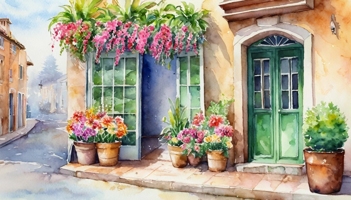 flower shop,coffee spot,table,Chair,nobody,Windows,Flowers,plant,potted plant,watercolor (Moderate),landscape,gate,air conditioner,painting (Moderate),traditional media,houses,outgate,balcony,architecture,masterpiece,best quality,high quality,plant,, masterpiece,best quality,high quality,