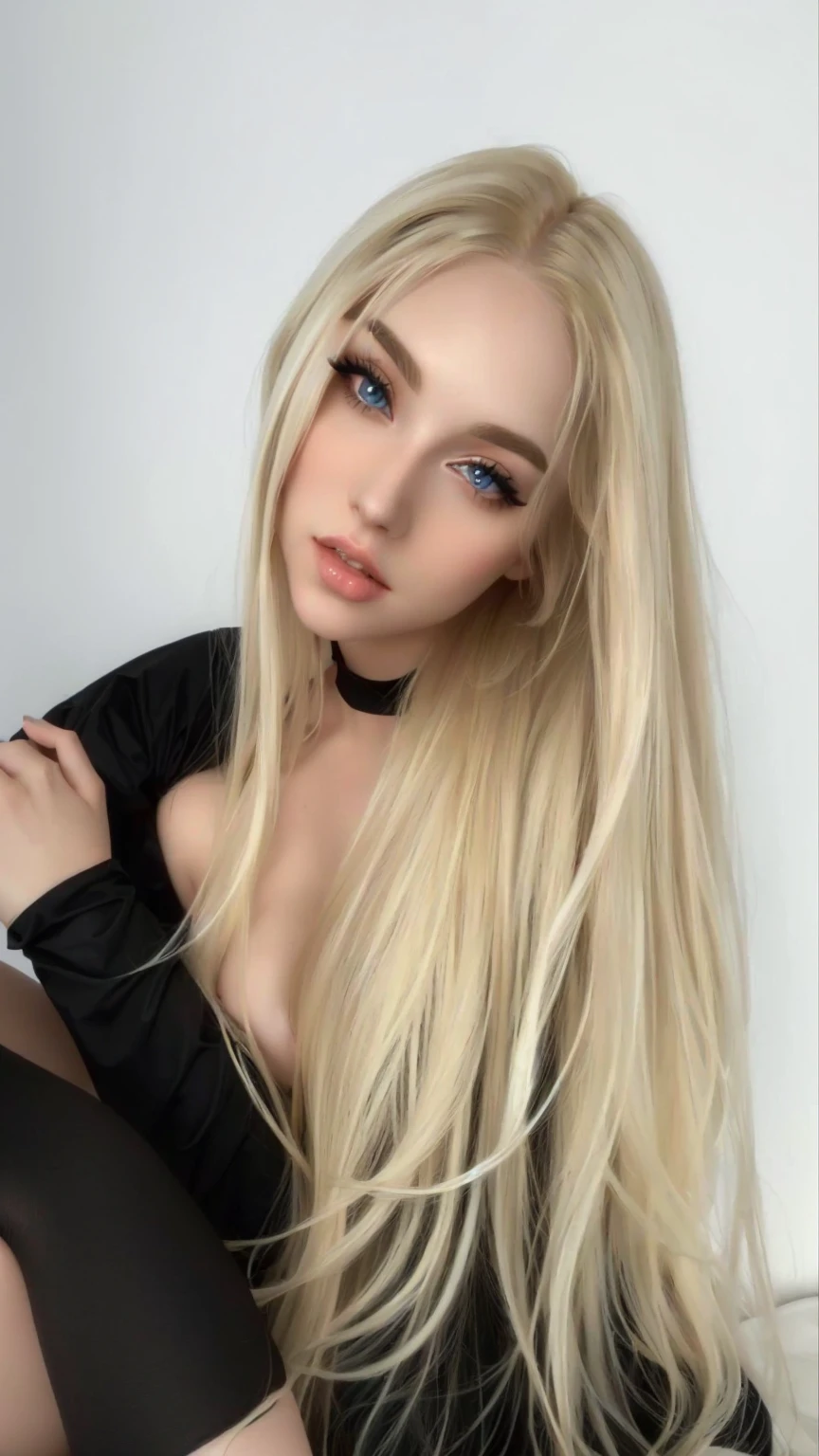 Blonde woman with long hair and black stockings posing for a photo, ava max, long blonde hair and big eyes, a gorgeous blonde, long blonde hair and blue eyes, with long blonde hair, blonde goddess, beautiful blonde girl, angelawhite, long blonde hair and big eyes, garota sexy with long blonde hair, blonde girl, blonde and attractive features