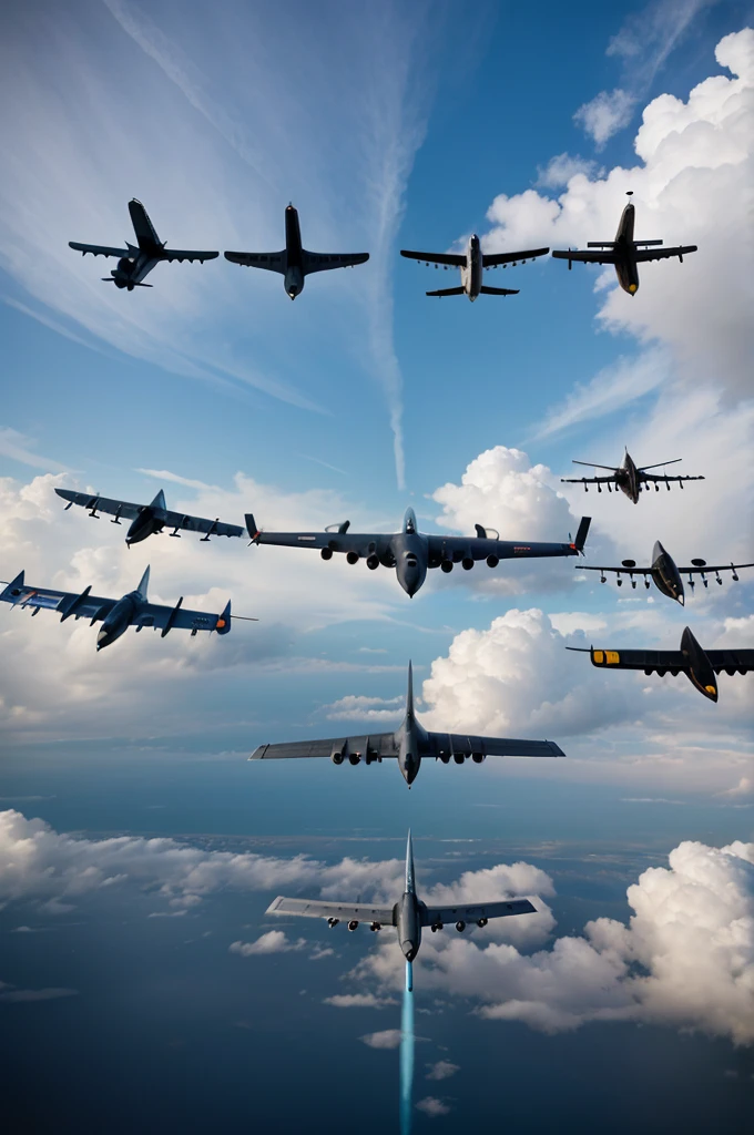Siluette of 9 aircraft flying in formation