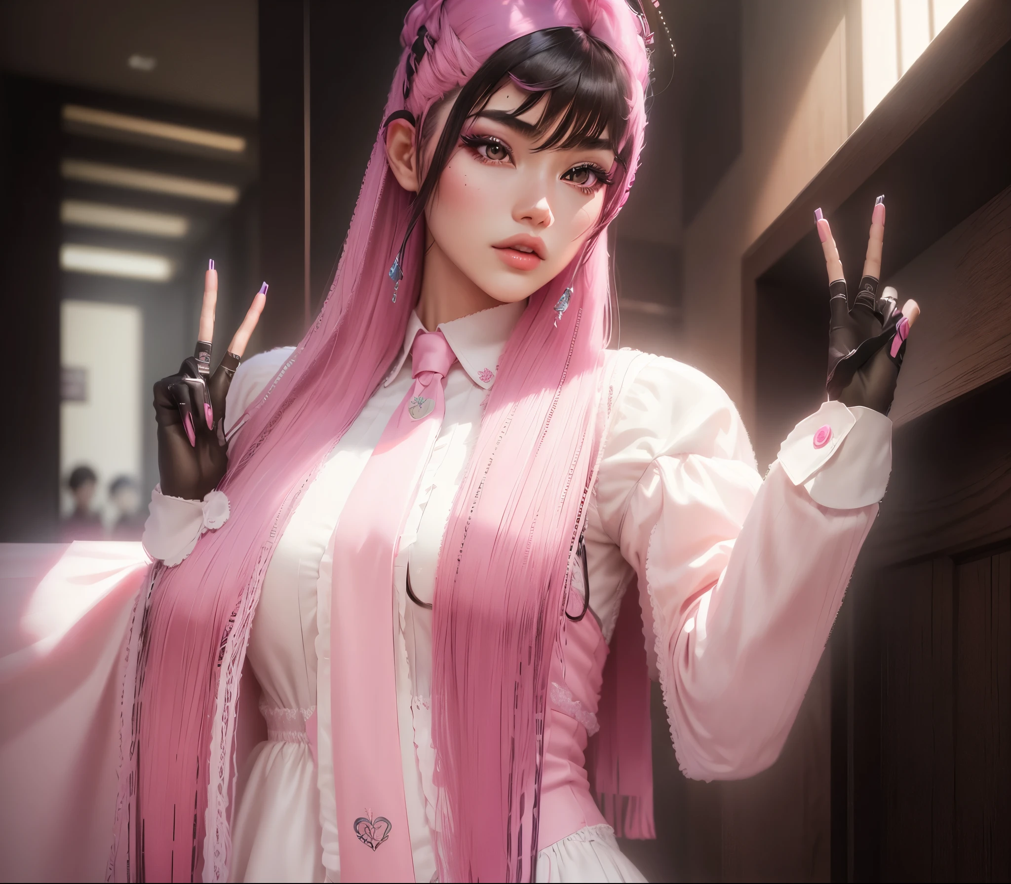 AVATAR SECOND LIFE Korean girl wearing a dress blouse with tie, Asian, pink long hair, pink hair,, Perfect and detailed face, imvu, maximalist details, AVATAR SECOND LIFE Korean blusa , neon, white white dress blouse
