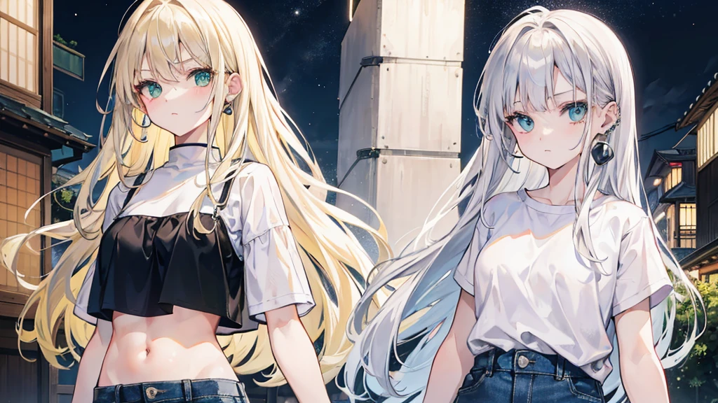1woman, long blonde hair, green eyes, silver hoops, silver nose piercing, wearing plain white shirt, denim shorts, small kyoto town, night time, absurdres, high res, ultrasharp, 8K, masterpiece, looking at viewer