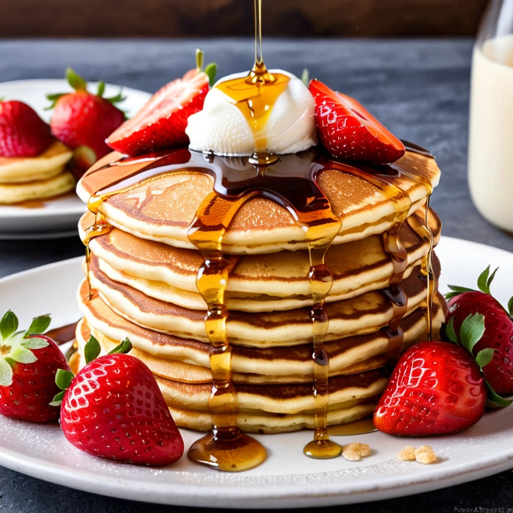 Generate a realistic image of a stack of fluffy pancakes topped with fresh strawberries and drizzled with golden syrup. Ensure that the pancakes are perfectly cooked with a golden-brown color and have a slight sheen from the syrup. The strawberries should be vibrant red and glistening with freshness. The syrup should flow gracefully over the pancakes, creating a mouthwatering and appetizing visual