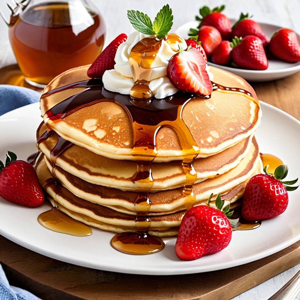 Generate a realistic image of a stack of fluffy pancakes topped with fresh strawberries and drizzled with golden syrup. Ensure that the pancakes are perfectly cooked with a golden-brown color and have a slight sheen from the syrup. The strawberries should be vibrant red and glistening with freshness. The syrup should flow gracefully over the pancakes, creating a mouthwatering and appetizing visual