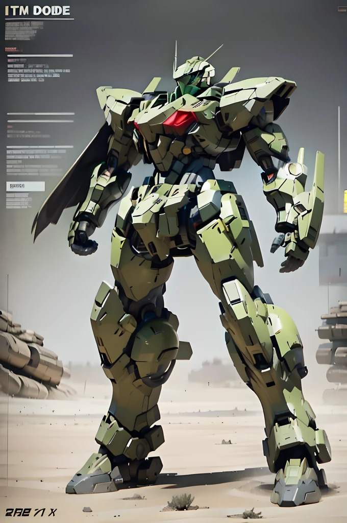 nijiMecha,gray machine standing in the desert,A cloak that covers the shoulders,Odd eye with red and green eyes,Short limbs,Energy Core,Power Armor,full armor,Feels old,best quality,masterpiece,There are no humans,V pin,Bule Themes