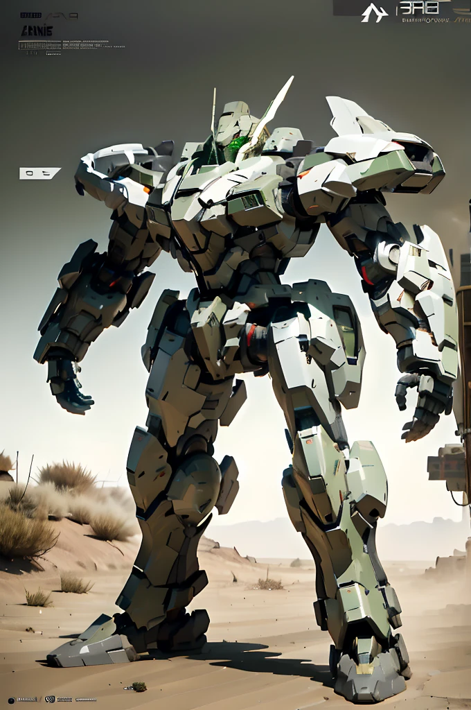 nijiMecha,gray machine standing in the desert,A cloak that covers the shoulders,Odd eye with red and green eyes,Short limbs,Energy Core,Power Armor,full armor,Feels old,best quality,masterpiece,There are no humans,V pin,Bule Themes