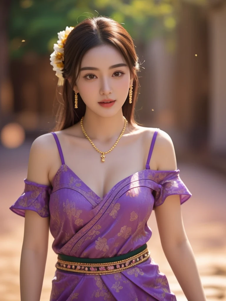 (ผู้หญิงlong hairชาวเอเชียตะวันออกเฉียงใต้ที่มีใบหน้ากลม,,very large breasts,,Chest measurement 36 inches.,)) Warm light, morning sun,  long hair,black eyes,abdominal muscles, The body is beautiful and strong., thick hips, rounded chest, (digital painting, HDR, high contrast), 3d, 8K, 45,000,000 pixcls,Asian girl, Gorgeous Chinese model, jaw-dropping beauty, Attractive, sexy, seductive face and body, A woman in a red dress and gold jewelry poses for a photo., traditional beauty, Sukhothai dress, Southeast Asia that has existed for a long time, traditional chinese, traditional, beautiful oriental woman, traditional tai costume, asian woman, Dilraba Dilmurat, Chinese style, Niwan Chandra, wear red dress, Wear luxurious jewelry., Inspired by Tang Di