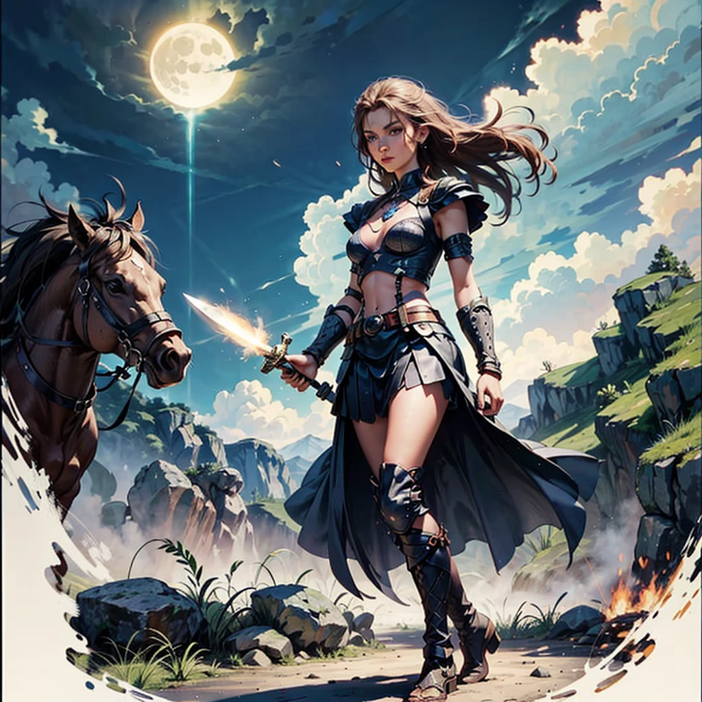 (masterpiece), Best quality, expressive eyes, perfect face, ((Woman Warrior Poster)), ((red sonja warrior in fighting pose)), ((Poster includes army battles in the background)), 8 k, blood on the skin, mandala tattoos, whole body , dark cloudy sky with lightning, ((dynamic poster)), ((full moon)), ((Movie poster)), plump military woman in combat stance, soft play of light and shadow, War scene, woman war variety of small details in the background, random, hyper detailed, trending at artstation, complex parts, very detailed, metal bootи на высоком каблуке, high heel boots, laughs evilly, slight ironic smile. digital painting, Perfect result, HDR, illustration, very clear image, evocative, startling, fluorescent light, side perspective, perfect face, Foreground of perfect face, female warrior, sword in left hand, Small clothes, steel bracelet, silver bracelet, bronze belt, woman with very long hair, driven by the wind, night light, cloudy sky, dark clouds with lightning, mountain, castle embedded in the mountain rock, waterfall, leaving the castle, Handsome warrior, skin wet with sweat, flushed and panting face, A provocative look, Full female body, wet skin, stormy skies, Floating antique clock, lamp, flashlight, tattoos of mandalas and flowers on the body, majestic, A sense of depth (athletic build: 1.5), emerald eyes ( bright: 1.5), Brown hair (bright: 1.5), uhd, HDR, cinematic image, complex parts, ultrarealism, viridian tones, medieval castle embedded in the mountain, full moon, (fractal art: 1.3), Colorful , Metallic colors, enamel colors, NFV, run and dodge, fighting pose, Handsome warrior woman in combat, Foreground, girl from the war front, fighting expression, Finely drawn hands; by Artgerm, Full female body centered on the scene, dark clouds and lightning, fairy lights, magic particles, ((Woman warrior)), metal boot