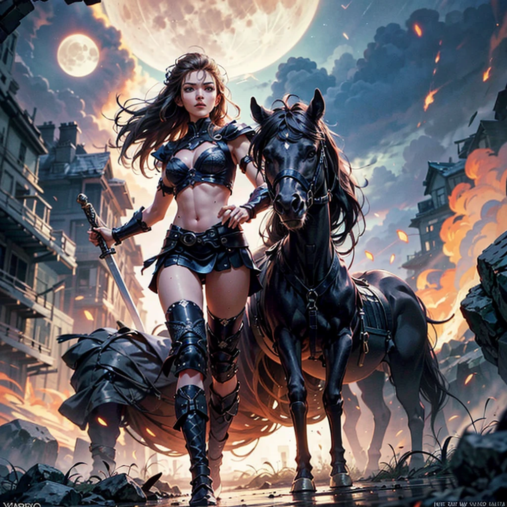 (masterpiece), Best quality, expressive eyes, perfect face, ((Woman Warrior Poster)), ((red sonja warrior in fighting pose)), ((Poster includes army battles in the background)), 8 k, blood on the skin, mandala tattoos, whole body , dark cloudy sky with lightning, ((dynamic poster)), ((full moon)), ((Movie poster)), plump military woman in combat stance, soft play of light and shadow, War scene, woman war variety of small details in the background, random, hyper detailed, trending at artstation, complex parts, very detailed, metal bootи на высоком каблуке, high heel boots, laughs evilly, slight ironic smile. digital painting, Perfect result, HDR, illustration, very clear image, evocative, startling, fluorescent light, side perspective, perfect face, Foreground of perfect face, female warrior, sword in left hand, Small clothes, steel bracelet, silver bracelet, bronze belt, woman with very long hair, driven by the wind, night light, cloudy sky, dark clouds with lightning, mountain, castle embedded in the mountain rock, waterfall, leaving the castle, Handsome warrior, skin wet with sweat, flushed and panting face, A provocative look, Full female body, wet skin, stormy skies, Floating antique clock, lamp, flashlight, tattoos of mandalas and flowers on the body, majestic, A sense of depth (athletic build: 1.5), emerald eyes ( bright: 1.5), Brown hair (bright: 1.5), uhd, HDR, cinematic image, complex parts, ultrarealism, viridian tones, medieval castle embedded in the mountain, full moon, (fractal art: 1.3), Colorful , Metallic colors, enamel colors, NFV, run and dodge, fighting pose, Handsome warrior woman in combat, Foreground, girl from the war front, fighting expression, Finely drawn hands; by Artgerm, Full female body centered on the scene, dark clouds and lightning, fairy lights, magic particles, ((Woman warrior)), metal boot