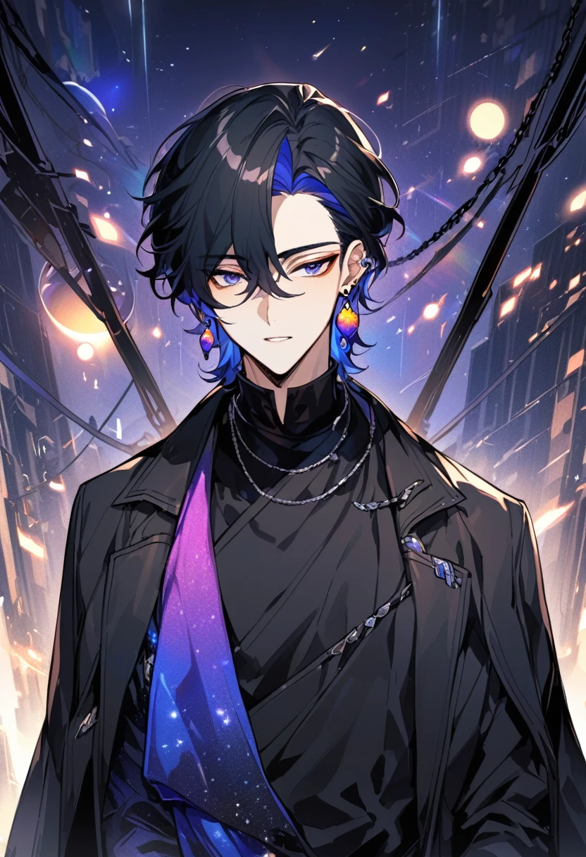 a handsome young man, he wears galaxy colored earrings, he looks so mysterious, He was dressed in a black shirt with his black coat hanging over his shoulder. Manhwa style.  