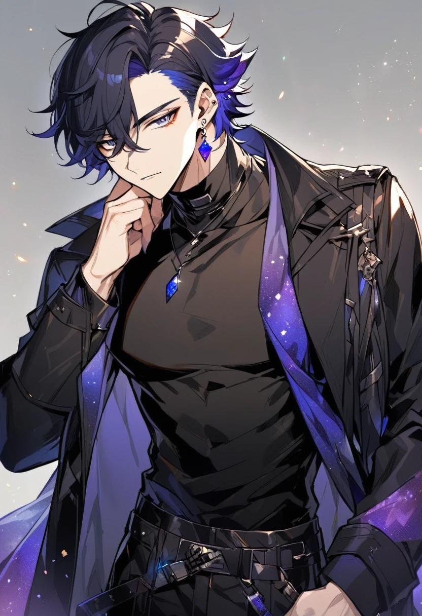 a handsome young man, he wears galaxy colored earrings, wolf style haircut, he looks so mysterious, He was dressed in a black shirt with his black coat hanging over his shoulder. Manhwa style.