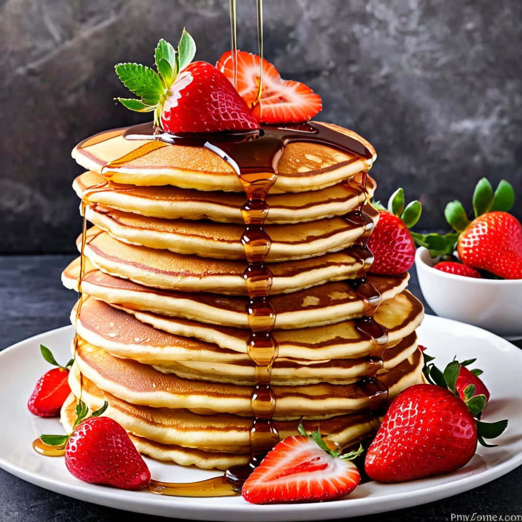 Create a visually stunning and appetizing image of a stack of golden-brown pancakes. These pancakes should be perfectly fluffy, with a slight sheen from the drizzling syrup. On top of the pancakes, place a generous amount of ripe, vibrant red strawberries, sliced and arranged artfully. The strawberries should glisten with freshness. The syrup should flow gracefully over the pancakes, creating a mouthwatering and inviting scene. Pay close attention to lighting and composition to make this image truly captivating.