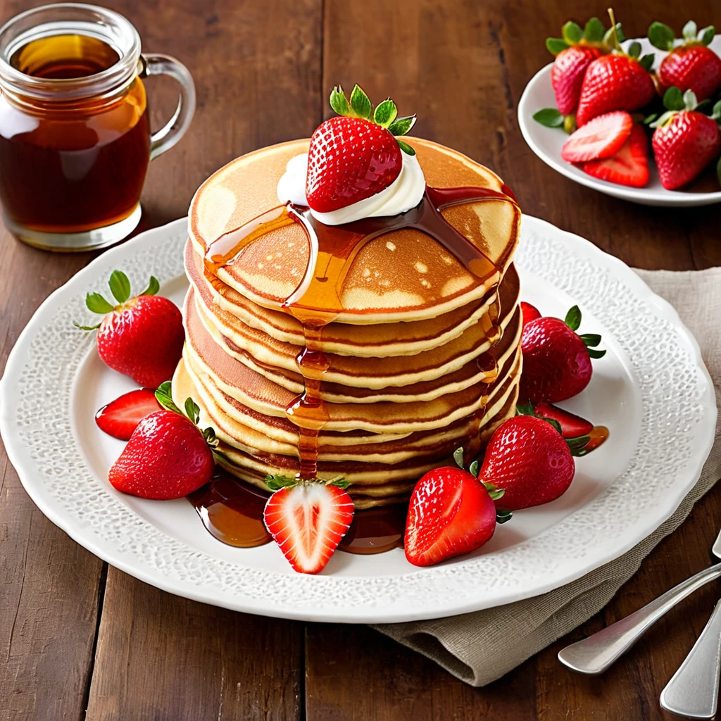 Create a visually stunning and appetizing image of a stack of golden-brown pancakes. These pancakes should be perfectly fluffy, with a slight sheen from the drizzling syrup. On top of the pancakes, place a generous amount of ripe, vibrant red strawberries, sliced and arranged artfully. The strawberries should glisten with freshness. The syrup should flow gracefully over the pancakes, creating a mouthwatering and inviting scene. Pay close attention to lighting and composition to make this image truly captivating.