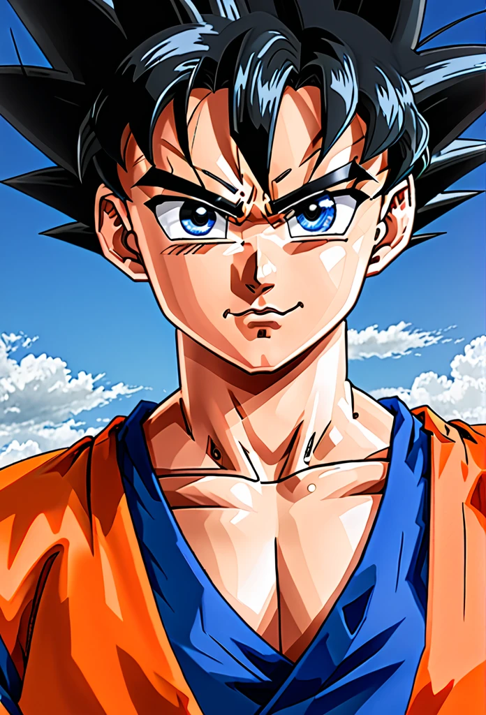 score_9, score_8_up, score_7_up,
gokuxl, solo,1boy,  black eyes, looking at viewer,
 blue dougi, happy, uppar body, black hair , orange dougi,
