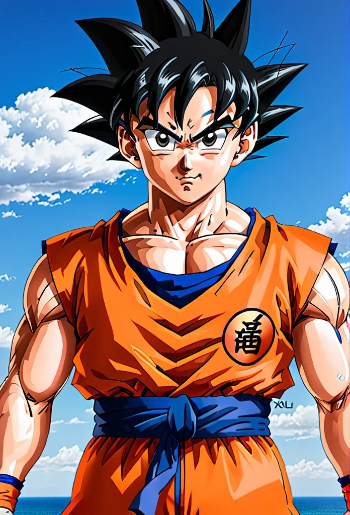 score_9, score_8_up, score_7_up,
gokuxl, solo,1boy,  black eyes, looking at viewer,
 blue dougi, happy, uppar body, black hair , orange dougi,
