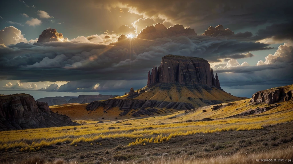 a breathtaking extraterrestrial landscape, black ground, imposing cliffs, yellow grasslands, beautiful cloudy sky, two orange suns in the sky,(best quality,4k,8k,highres,masterpiece:1.2),ultra-detailed,(realistic,photorealistic,photo-realistic:1.37),concept art,sci-fi,dramatic lighting,vivid colors,surreal,moody atmosphere