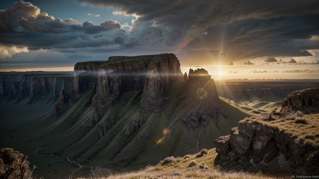 a breathtaking extraterrestrial landscape, black ground, imposing cliffs, yellow grasslands, beautiful cloudy sky, two orange suns in the sky,(best quality,4k,8k,highres,masterpiece:1.2),ultra-detailed,(realistic,photorealistic,photo-realistic:1.37),concept art,sci-fi,dramatic lighting,vivid colors,surreal,moody atmosphere