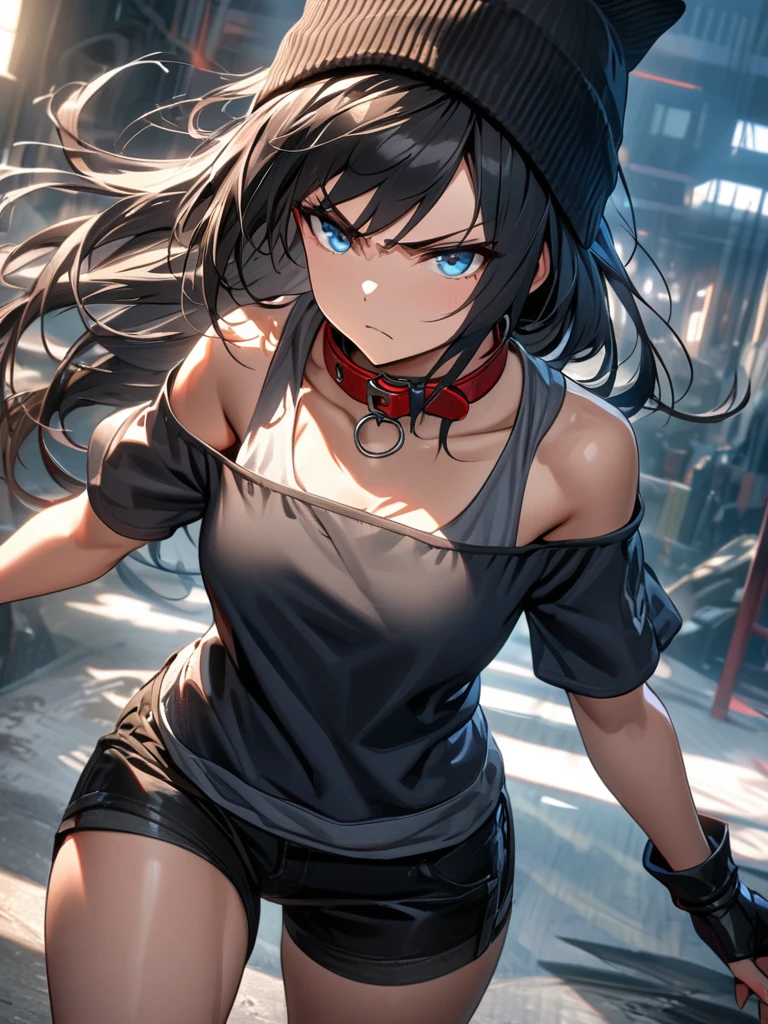 Ultra detailed, HDR, Solo female, long messy black hair, blue eyes, black beanie, gray short-sleeve cold-shoulder top, black short shorts, black finger-less gloves, red dog collar, serious expression, standing