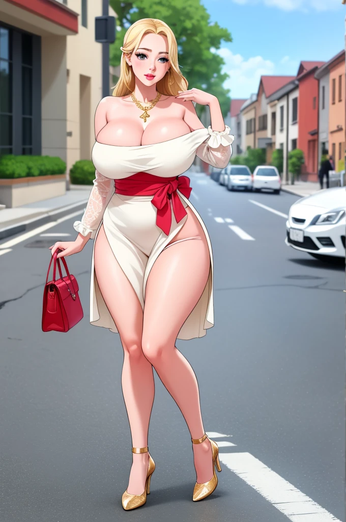 An extremely beautiful stunning busty woman, with gold blonde long silky hair, big blue eyes, extremely super bright snow white fair stunning flawless glowing lush shiny white complexion, flawless skin, a perfect tight hourglass figure, and a skinny waist, sexy thick smooth luscious legs and thighs, extremely cute smile on the face, bright pink blushes on cheeks, wearing a short sexy tight revealing white floral dress along with a pink sash around the waist and a brown off-shoulder sweater, yellow heels, gold necklace on the neck, gold anklets on feet, gold chain on the waist, standing straight, holding a red roses bouquet, street in the background, show full body from head to feet.
