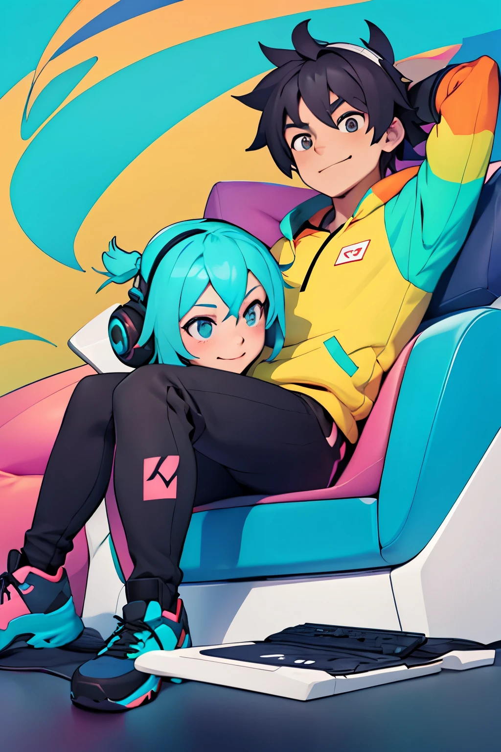 two people, couple in love, gamers, colourful, cartoon, facing towards camera ,