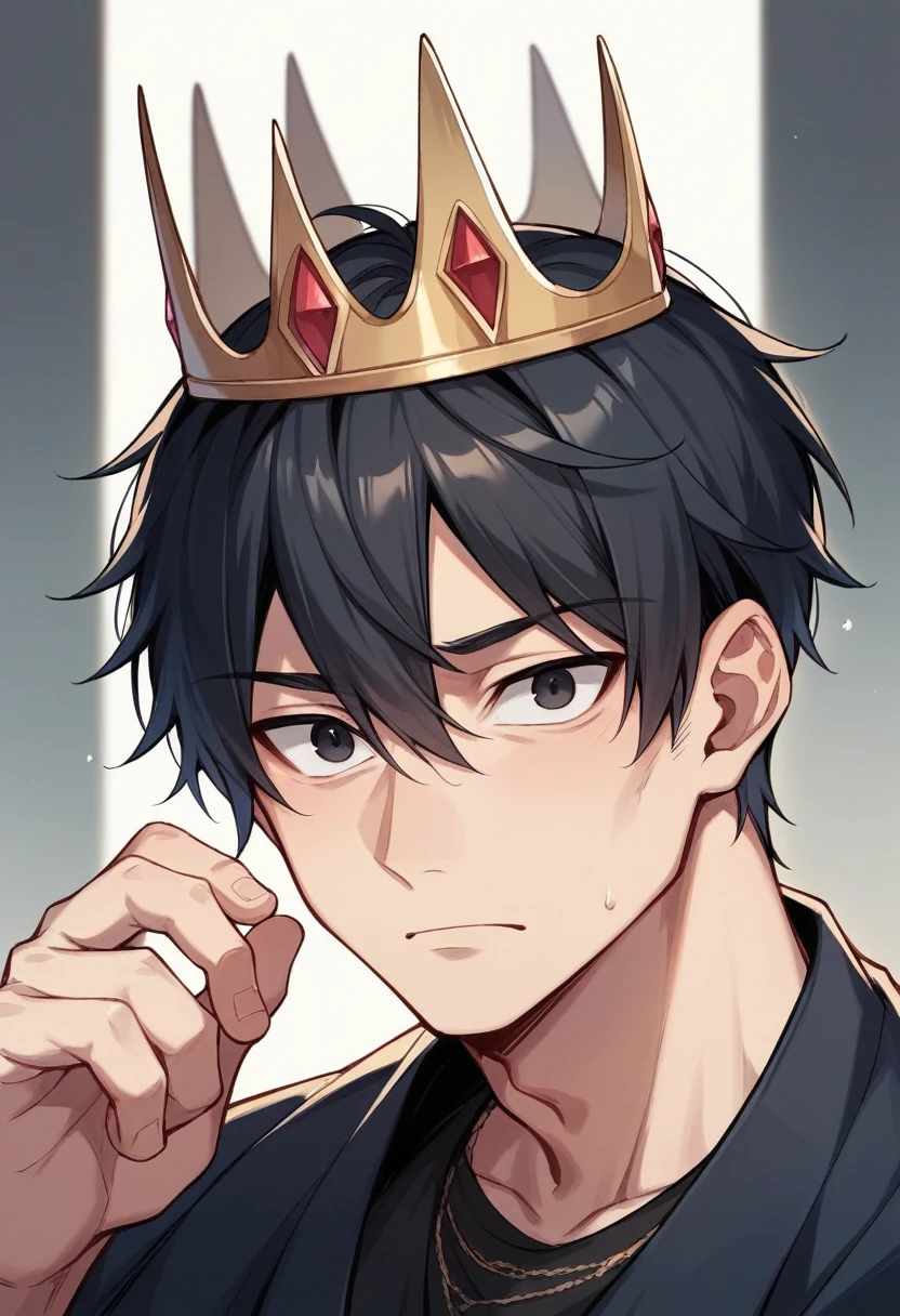 English、tousled black hair、black eyes、long face、He holds a black crown in his hands、He is male、Lucie、City