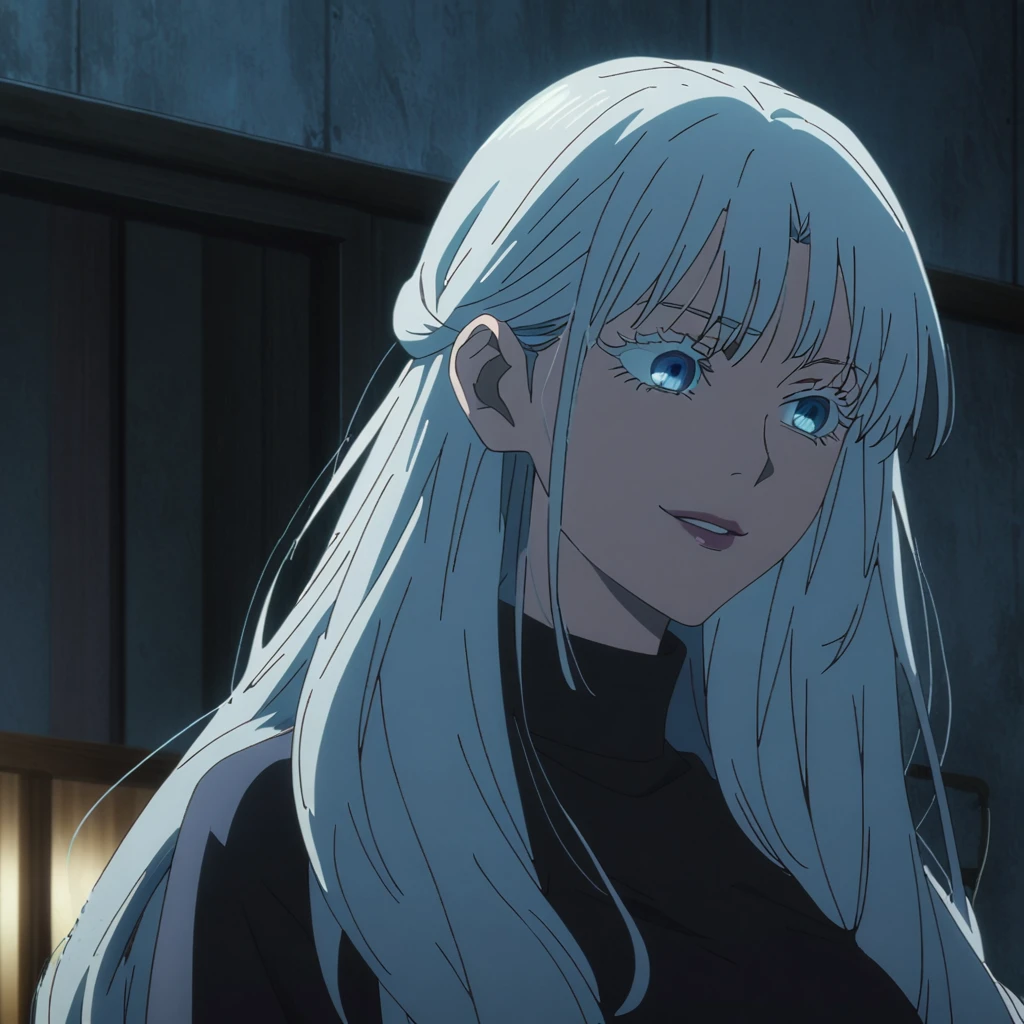1girl, female gojo satoru, anime screencap from jujutsu kaisen, gojo satoru female version, solo, very long_hair, ((smooth texture hair)) blue eyes, ((white eyelashes)), ((very long white_hair)), night view, breasts, upper_body, smile, indoors, book, bangs, blue_eyes, lips, (wearing round sunglasses) (( hairstyle with long, straight white hair that has a slight natural wave at the ends. Please give it a middle part, and ensure it frames her face smoothly without any harsh layers. The overall look should be sleek and elegant, similar to an anime character's style)) wearing black color sweater off the shoulder, breast, "very detailed and high resolution" (blue eyes) ((cross arms)) ((smooth texture hair)) ((solo)) ((high resolution)) ((upper body)) (Good quality)