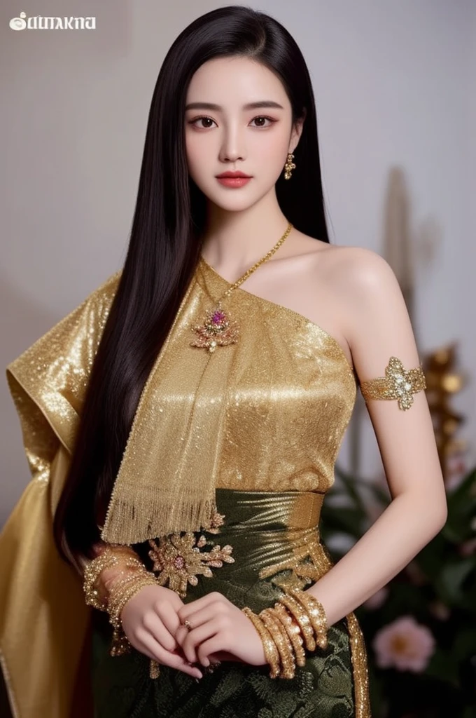 (ผู้หญิงlong hairชาวเอเชียตะวันออกเฉียงใต้ที่มีใบหน้ากลม,,very large breasts,,Chest measurement 36 inches.,)) Warm light, morning sun,  long hair,black eyes,abdominal muscles, The body is beautiful and strong., thick hips, rounded chest, (digital painting, HDR, high contrast), 3d, 8K, 45,000,000 pixcls,Asian girl, Gorgeous Chinese model, jaw-dropping beauty, Attractive, sexy, seductive face and body, A woman in a red dress and gold jewelry poses for a photo., traditional beauty, Sukhothai dress, Southeast Asia that has existed for a long time, traditional chinese, traditional, beautiful oriental woman, traditional tai costume, asian woman, Dilraba Dilmurat, Chinese style, Niwan Chandra, wear red dress, Wear luxurious jewelry., Inspired by Tang Di