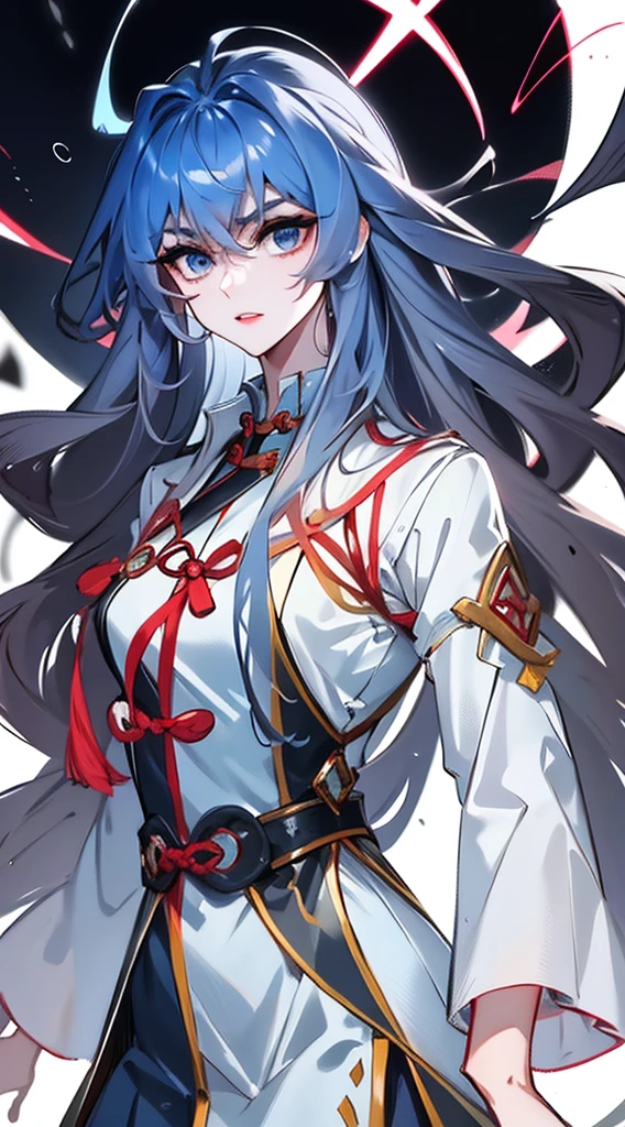 Masterpiece, Best quality, 1 Tang Wu Tong, the expression is cold, strong, blue eyes, long hair, smoky mix blue color hair, resolute eyes, red lips, simple Taoist Taoist uniform, Chinese mix morden, frontal photo, black or white background, simple background, anime, illustration, hafl body