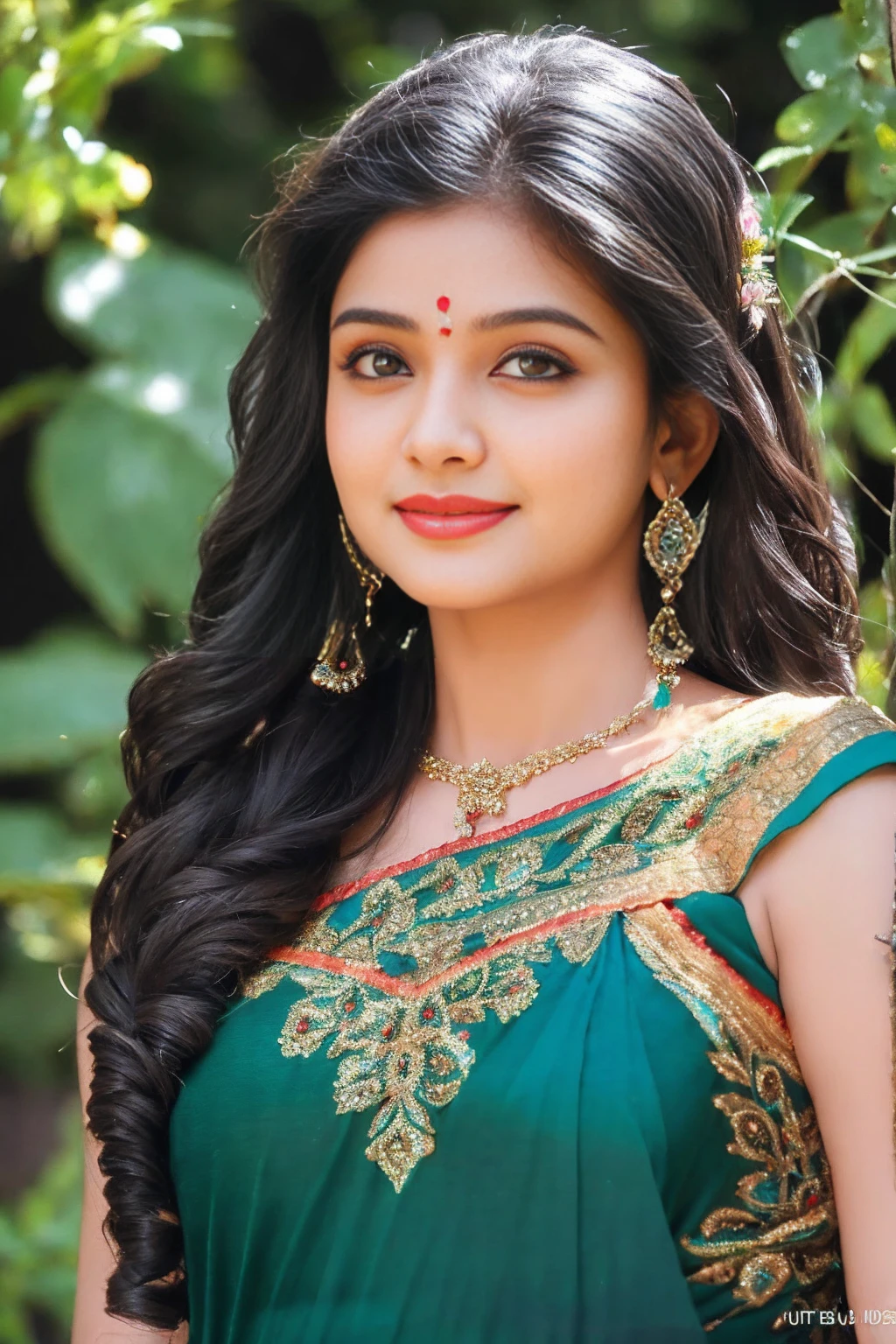 8K, ultra high detailed, an indian girl, cute face, happy, long hair, impressive hairstyle, detailed eyes, detailed lips, indian clothes, saree, black saree, lace, wearing jewellery, nature background, flowers, afternoon, shadow, clear weather, whole body capture,