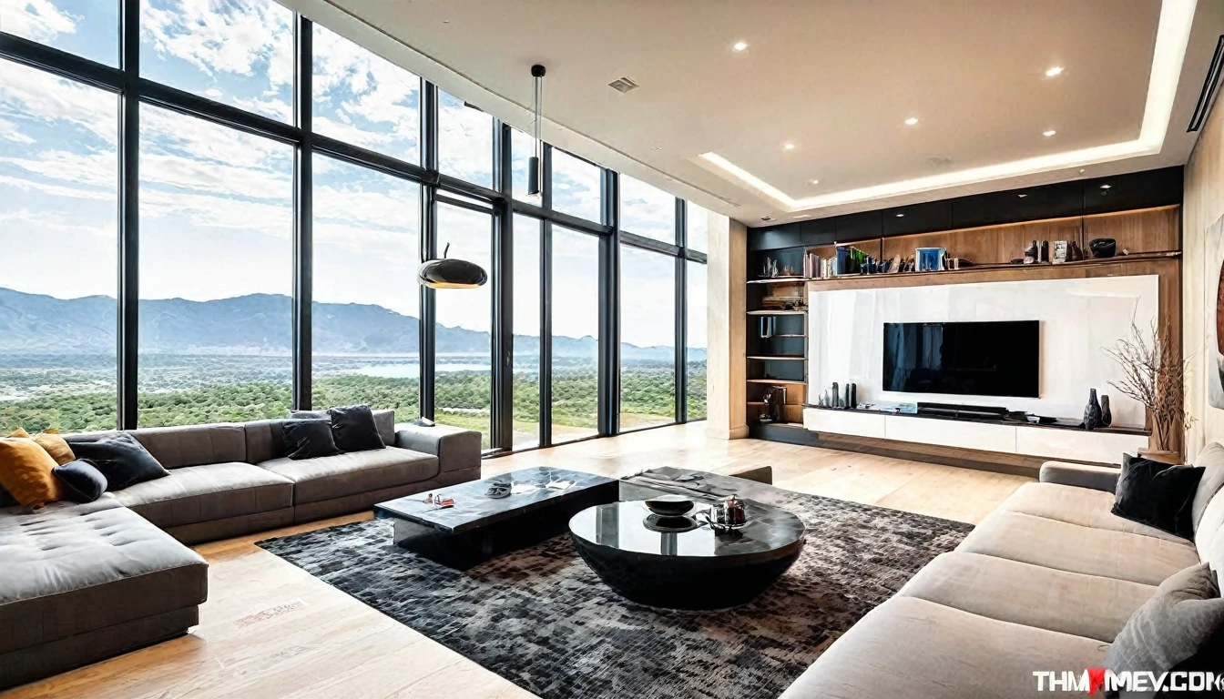Create an image of the living room in the modern marvel house. The design should blend cutting-edge technology seamlessly with contemporary aesthetics. Highlight features like smart lighting, sleek furniture, and large windows with a view.