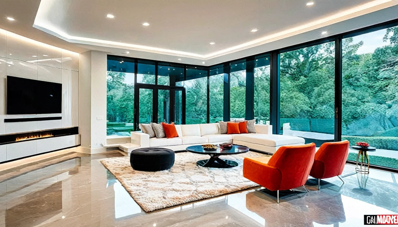 Create an image of the living room in the modern marvel house. The design should blend cutting-edge technology seamlessly with contemporary aesthetics. Highlight features like smart lighting, sleek furniture, and large windows with a view.