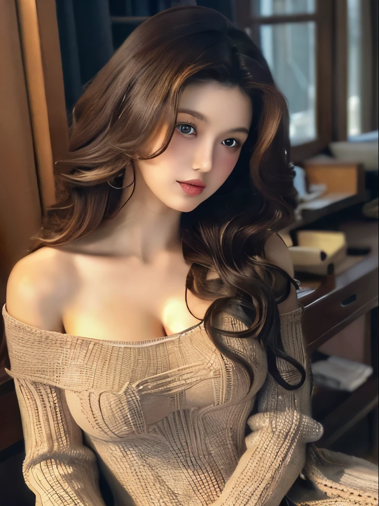 best qualtiy,tmasterpiece,超A high resolution,(realisticlying:1.4),
1girll long curly hair,Rich in detail, shoulder,cleavage,Knitwear, Deep shading, messy room, sit pose, Sitting on an object,
