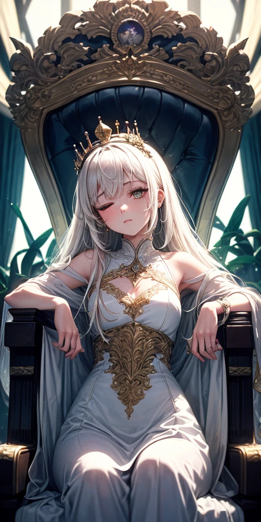 (Masterpiece:1.2), best quality, (illustration:1.2), (ultra-detailed), hyper details, (delicate detailed), (intricate details), (cinematic light, best quality Backlights), clear line, from below, soloist, perfect body, (1girl), white hair and yellow eyes, (emperor, black see-through clothes), (crown: 1.1), sitting on the throne, eyes slightly closed, head down, (shy: 1.2 ), (makeup), high contrast, (best illumination, an extremely create and beautiful), (cinematic light), colorful, blonde hair, white dress