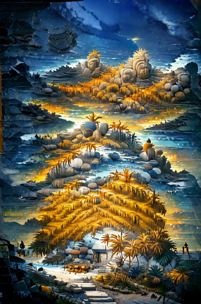 An illustration in collage style, with giant boulders, brutalist building sections, terraces, stairs, cacti, agave, concrete texture, multiple geometric shapes, hatch and cross hatching, planet saturn, volcano, moon, Luis Barragán's architectural style build, milky way galaxy, violet, one motorcycle, An illustration in collage style, with giant boulders, brutalist building sections, stairs, cacti, agave, concrete texture, multiple geometric shapes, hatch and cross hatching, planet saturn, volcano, moon, Luis Barragán's architectural style build, reflective pool, terraces. An elegant and modern build, in top of big boulders, with terraces, materials concrete, wood, steel and crystal, various gardens with tropical vegetation, cacti and rocks, stairs, a pool. In middle of sea, a big wave near, sunset, mountains and a volcano in the horizont, cute islands around, illustration format, cute color palette, detailed, masterpiece, award-winning work, clouds, Illustration, a garden with abundant cacti, ((various organic sculptures)), ((big rocks)), (((multiple sections))), collage style, detailed, (((color palette (olive green), (Mustard orange), cool grey, ((blue)), black and white))), (((a lot Luis barragán's architecture style builds))) big clouds, volcano in horizon, stairs, in the desert. ((masterpiece, best quality)),illustration,ultra detailed 8k, ((Ori Toor visual style)),soviet, megabuildings, megastructures, buildings, organic steel sculpture