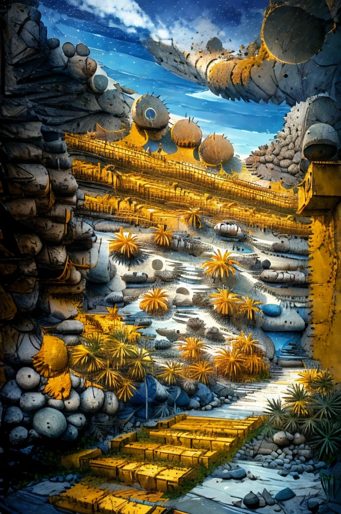 An illustration in collage style, with giant boulders, brutalist building sections, terraces, stairs, cacti, agave, concrete texture, multiple geometric shapes, hatch and cross hatching, planet saturn, volcano, moon, Luis Barragán's architectural style build, milky way galaxy, violet, one motorcycle, An illustration in collage style, with giant boulders, brutalist building sections, stairs, cacti, agave, concrete texture, multiple geometric shapes, hatch and cross hatching, planet saturn, volcano, moon, Luis Barragán's architectural style build, reflective pool, terraces. An elegant and modern build, in top of big boulders, with terraces, materials concrete, wood, steel and crystal, various gardens with tropical vegetation, cacti and rocks, stairs, a pool. In middle of sea, a big wave near, sunset, mountains and a volcano in the horizont, cute islands around, illustration format, cute color palette, detailed, masterpiece, award-winning work, clouds, Illustration, a garden with abundant cacti, ((various organic sculptures)), ((big rocks)), (((multiple sections))), collage style, detailed, (((color palette (olive green), (Mustard orange), cool grey, ((blue)), black and white))), (((a lot Luis barragán's architecture style builds))) big clouds, volcano in horizon, stairs, in the desert. ((masterpiece, best quality)),illustration,ultra detailed 8k, ((Ori Toor visual style)),soviet, megabuildings, megastructures, buildings, organic steel sculpture