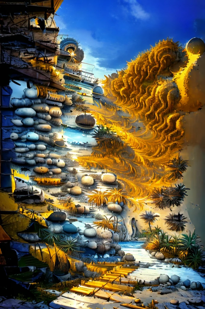 An illustration in collage style, with giant boulders, brutalist building sections, terraces, stairs, cacti, agave, concrete texture, multiple geometric shapes, hatch and cross hatching, planet saturn, volcano, moon, Luis Barragán's architectural style build, milky way galaxy, violet, one motorcycle, An illustration in collage style, with giant boulders, brutalist building sections, stairs, cacti, agave, concrete texture, multiple geometric shapes, hatch and cross hatching, planet saturn, volcano, moon, Luis Barragán's architectural style build, reflective pool, terraces. An elegant and modern build, in top of big boulders, with terraces, materials concrete, wood, steel and crystal, various gardens with tropical vegetation, cacti and rocks, stairs, a pool. In middle of sea, a big wave near, sunset, mountains and a volcano in the horizont, cute islands around, illustration format, cute color palette, detailed, masterpiece, award-winning work, clouds, Illustration, a garden with abundant cacti, ((various organic sculptures)), ((big rocks)), (((multiple sections))), collage style, detailed, (((color palette (olive green), (Mustard orange), cool grey, ((blue)), black and white))), (((a lot Luis barragán's architecture style builds))) big clouds, volcano in horizon, stairs, in the desert. ((masterpiece, best quality)),illustration,ultra detailed 8k, ((Ori Toor visual style)),soviet, megabuildings, megastructures, buildings, organic steel sculpture