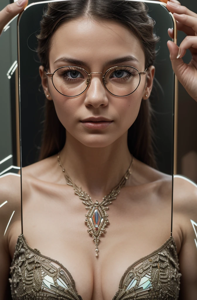 a facial portrait of a spy using glasses to take pictures working on a secret computer labratory, an elegant, exquisite beautiful female spy, dynamic hair color, dynamic hair style, (wearing elegant intricate details glasses: 1.3), dynamic color glasses, dynamic style glasses, ((digital information reflected in the glasses:1.6)), she wears an elegant, intricate detailed dress, silk dress , small cleavage, Vibrant, Ultra-high resolution, High Contrast, masterpiece:1.2, highest quality, Best aesthetics), best details, best quality, highres, ultra wide angle, 16k, [ultra detailed], masterpiece, best quality, (extremely detailed), Genetically modified..., Cinematic Hollywood Film