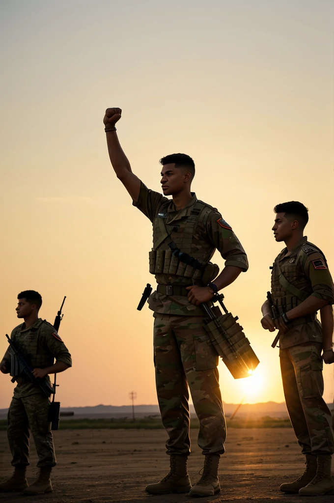 Soldiers raising their fists in victory, with the sun setting behind them