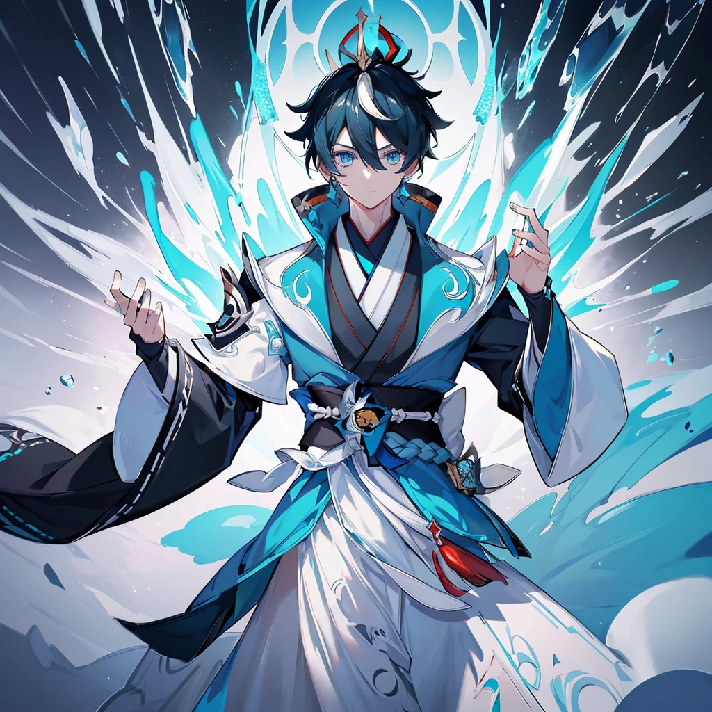 ((Genshin impact style)) (masterpiece), (high quality), (pretty boy face), 1 boy, 16 years, masculine and tall body, white skin, ((medium black hair)), ((light blue and cold eyes)), calm and neutral expression, designs from East Asian, Game character costume design, Japanese clothing style with a dark blue, white and black color palette, his is holding a book ((White background, mathematical, astronomical and blue details)), ((portrait panting)) intricate details, lens flare，ultra high resolution，sharp focus，HD，8k，clear facial features，clear details，beautiful eyes，beautiful face
