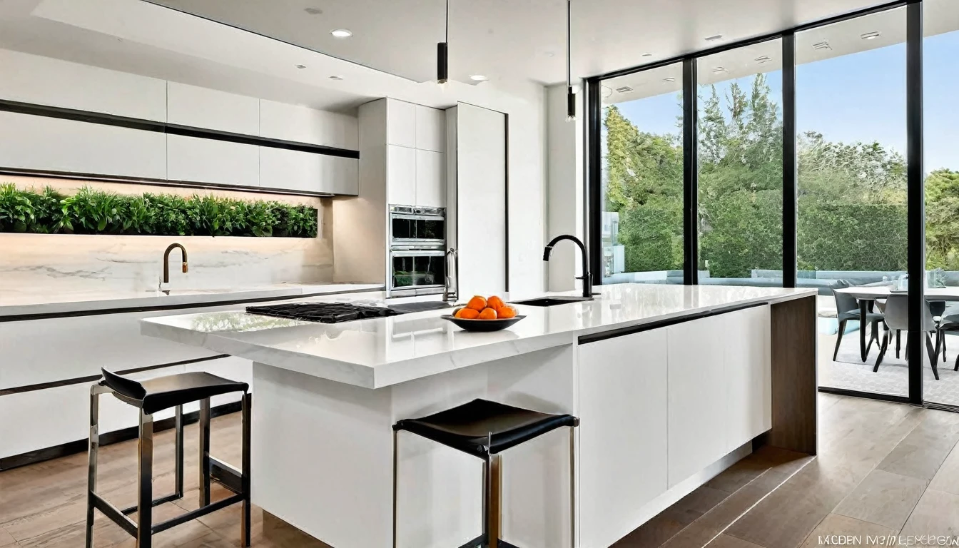 Generate an image of the kitchen in the modern house, where technology meets culinary artistry. Showcase state-of-the-art appliances, a minimalist design, and an open-concept layout that promotes functionality and beauty.