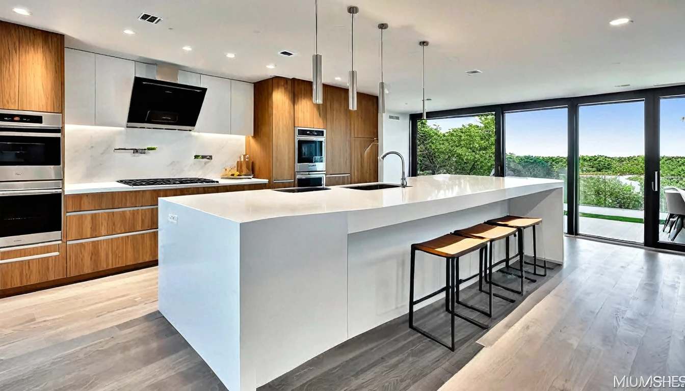 Generate an image of the kitchen in the modern house, where technology meets culinary artistry. Showcase state-of-the-art appliances, a minimalist design, and an open-concept layout that promotes functionality and beauty.