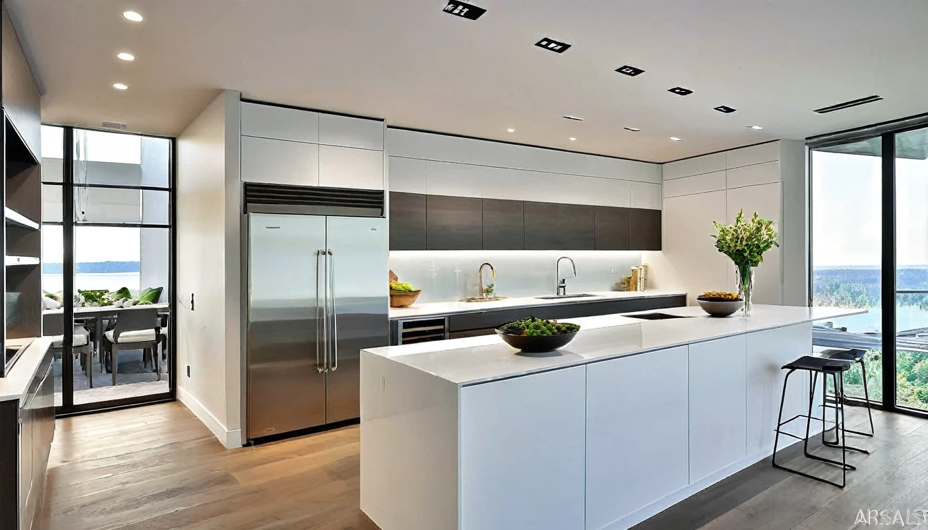Generate an image of the kitchen in the modern house, where technology meets culinary artistry. Showcase state-of-the-art appliances, a minimalist design, and an open-concept layout that promotes functionality and beauty.