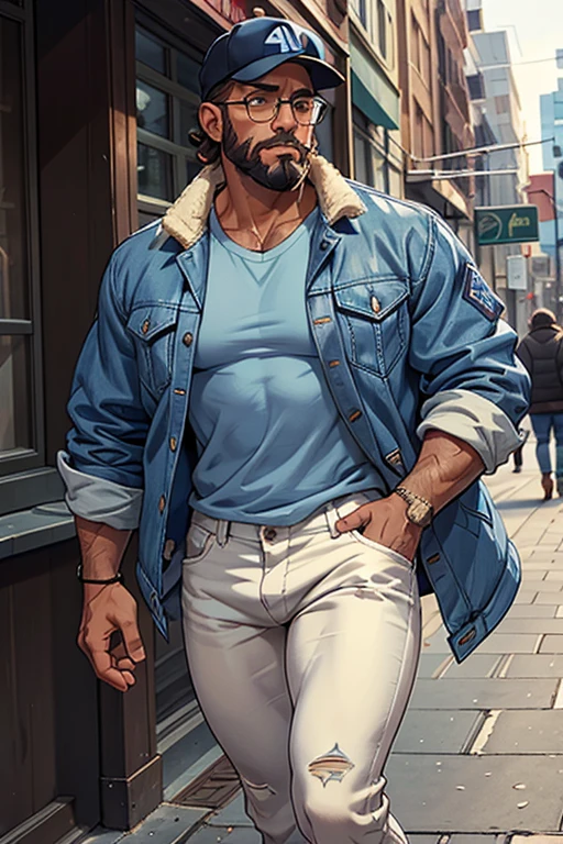 A tall muscular 40 years old man, brown curled up messy hair, big beard, wearing a open blue jacket, white button-up shirt below jacket, black jeans, eye glasses, walking on street, wearing a cap