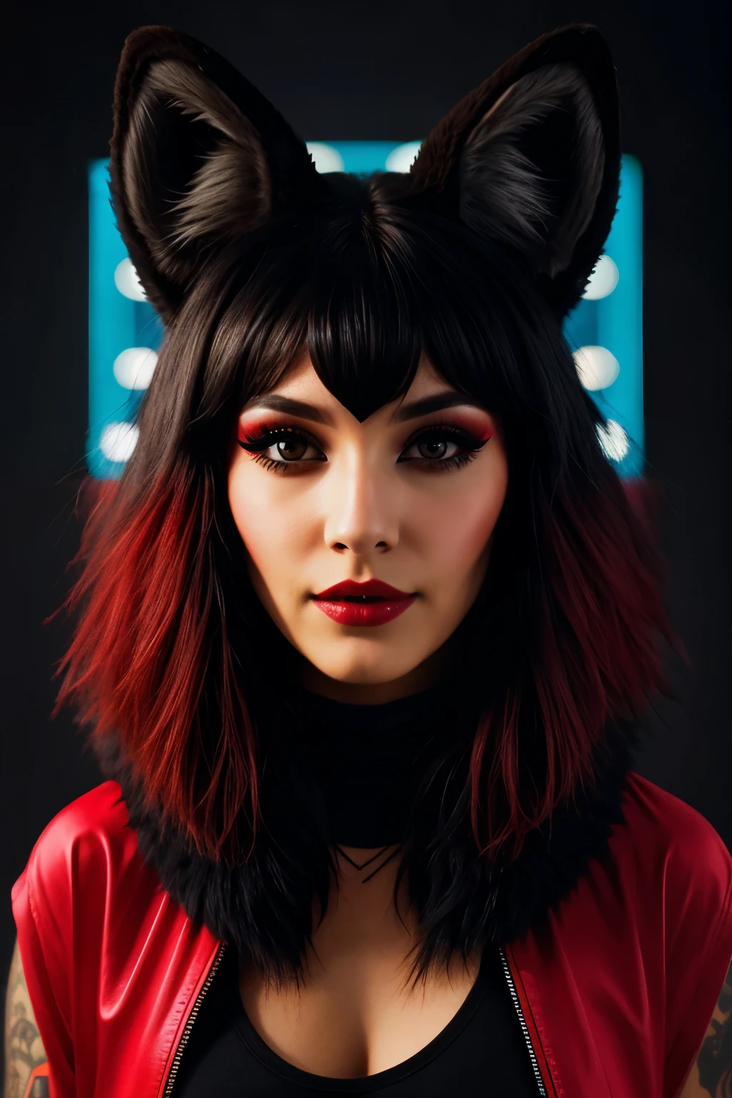 a darling 3d geometric, deadmau5 style mascara, wolf shape/fox woman, predominant red color, cyberpunk, mascara, Dark