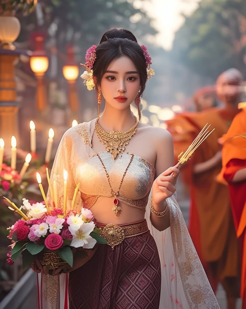 (ผู้หญิงlong hairชาวเอเชียตะวันออกเฉียงใต้ที่มีใบหน้ากลม,,very large breasts,,Chest measurement 36 inches.,)) Warm light, morning sun, long hair,black eyes,abdominal muscles, The body is beautiful and strong., thick hips, rounded chest, (digital painting, HDR, high contrast), 3d, 8K, 45,000,000 pixcls,Asian girl, Gorgeous Chinese model, jaw-dropping beauty, Attractive, sexy, seductive face and body, A woman in a red dress and gold jewelry poses for a photo., traditional beauty, Sukhothai dress, Southeast Asia that has existed for a long time, traditional chinese, traditional, beautiful oriental woman, traditional tai costume, asian woman, Dilraba Dilmurat, Chinese style, Niwan Chandra, wear red dress, Wear luxurious jewelry., Inspired by Tang Di